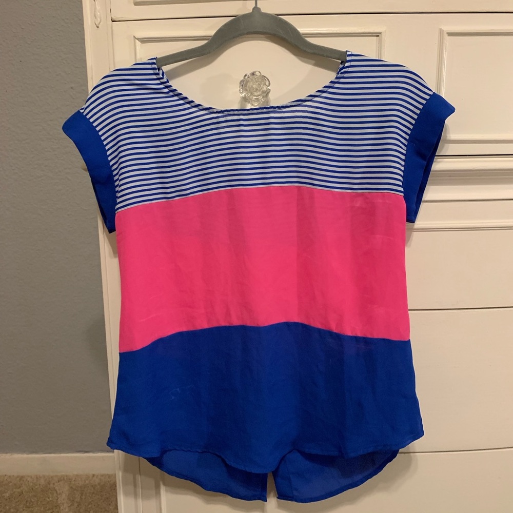 Pink and blue color block striped shirt